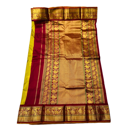 Pure Kachipuram Silk Saree Canary Yellow Colour with Maroon Border