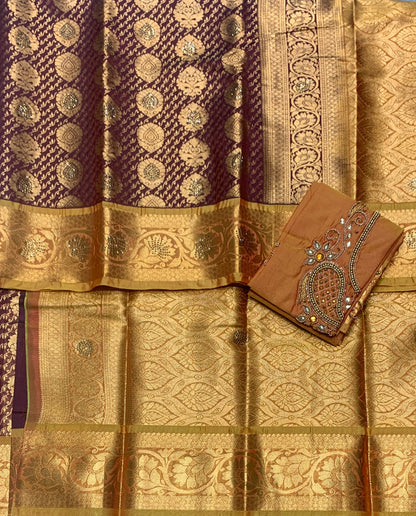 Bridal Vegan Silk Saree Brown shade with Golden Yellow Border with Unstitched blouse in Aari Work