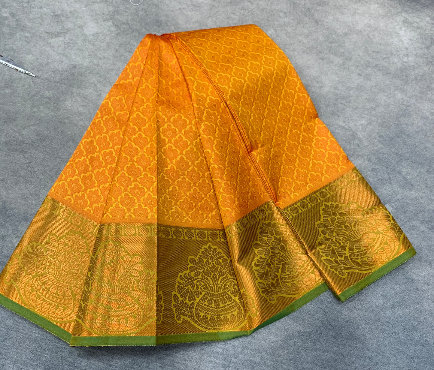 Synthetic Cotton Saree Lemon Yellow Colour with Copper Floral Design Border