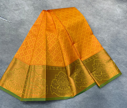 Synthetic Cotton Saree Lemon Yellow Colour with Copper Floral Design Border