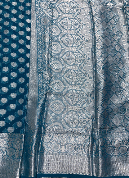 Georgette Saree Peacock Blue Colour with Sliver Floral Design Border