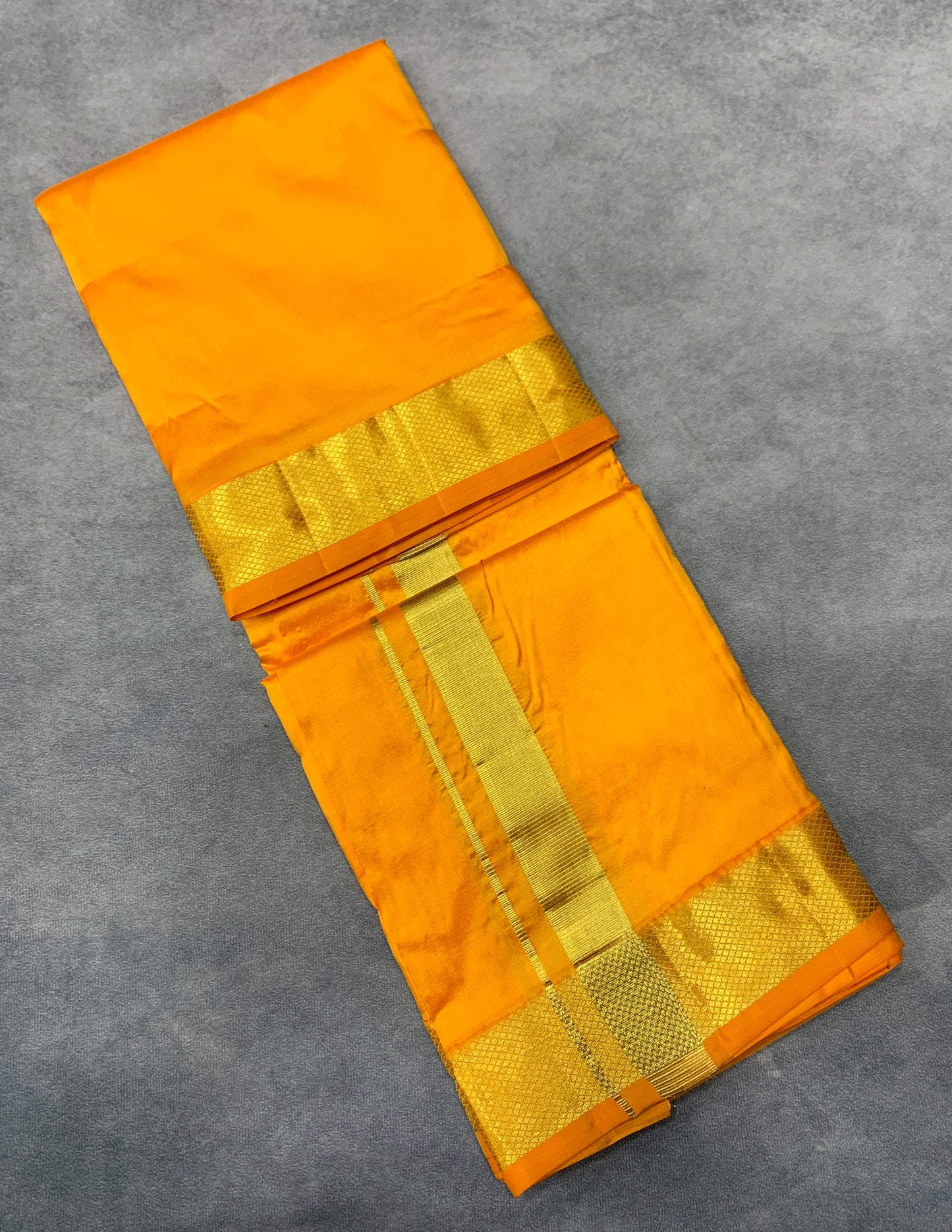 9X5 Pure Silk Dhoti Mango Yellow with Large Golden Zari Border
