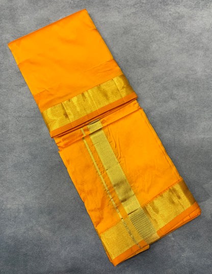 9X5 Pure Silk Dhoti Mango Yellow with Large Golden Zari Border