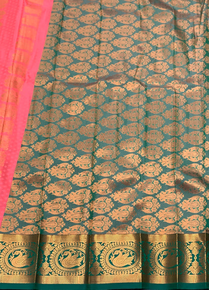 Vegan Silk Saree Peach Pink Colour with Onion Pink and Copper Border