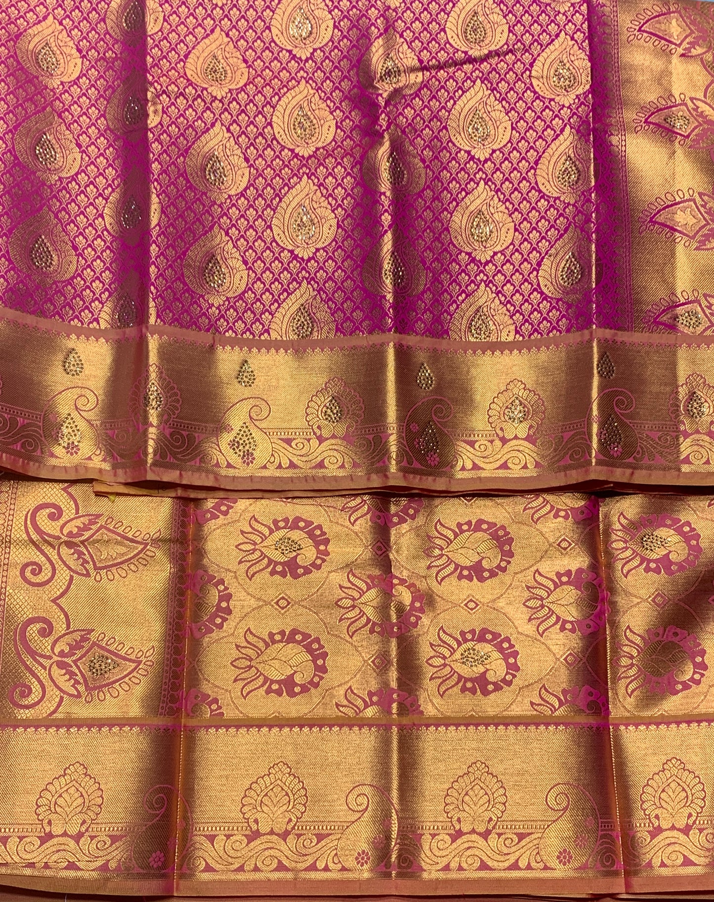 Vegan Silk Saree Pink Colour with Copper and Golden Yellow Border