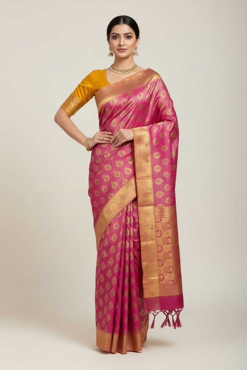 Vegan Silk Saree Pink Colour with Copper and Golden Yellow Border
