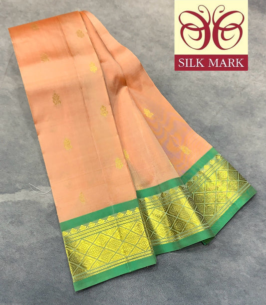Pure Kanchipuram Silk Saree Biscuit Colour with Light Green and Gold Zari Border