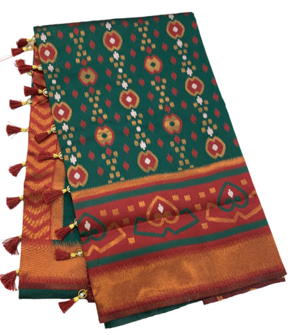 Pochampalli Semi Silk Saree Green Colour with Maroon Border