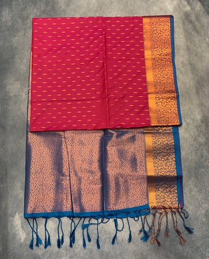 Soft Vegan Silk Saree Reddish Pink Colour with Sky Blue and Copper Border