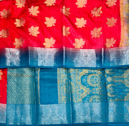 Tussar Saree Tomato Colour with Blue Border