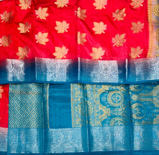 Tussar Saree Tomato Colour with Blue Border