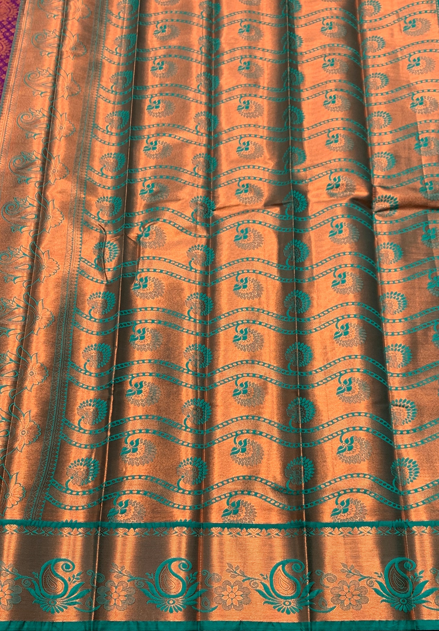 Vegan Silk Saree Magenta Colour with Green and Copper Border