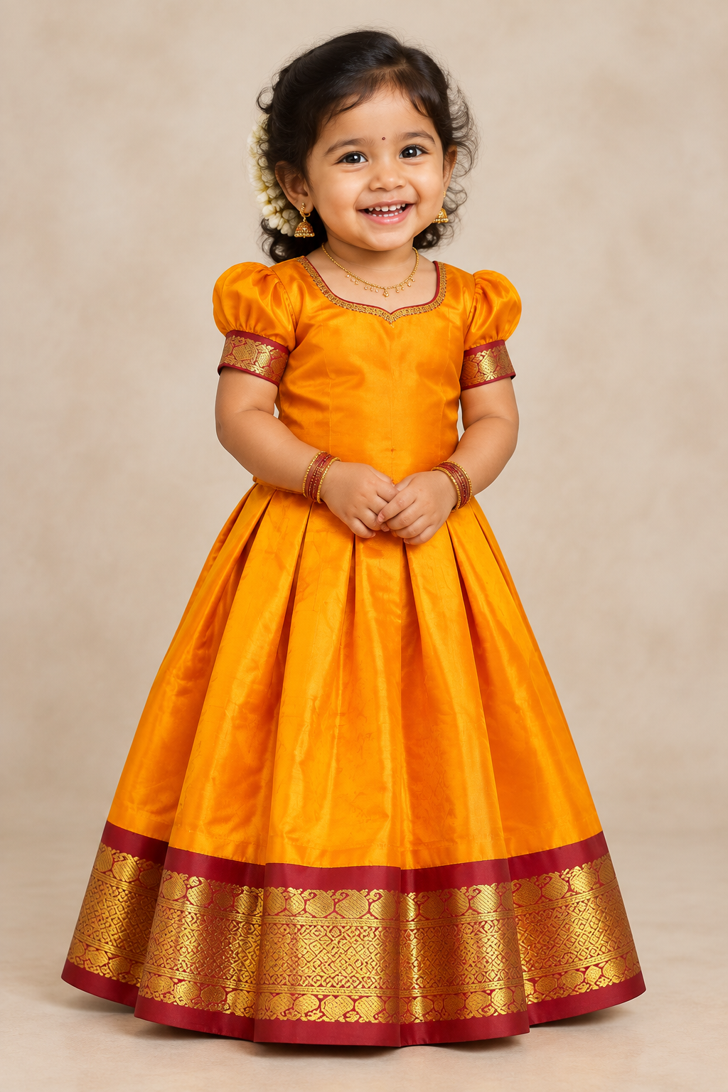 Mango Yellow Shade Pure Kanchipuram Silk Kids Pattu Pavadai with Contrast Border for age 2 to 5