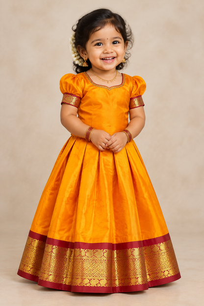 Mango Yellow Shade Pure Kanchipuram Silk Kids Pattu Pavadai with Contrast Border for age 2 to 5
