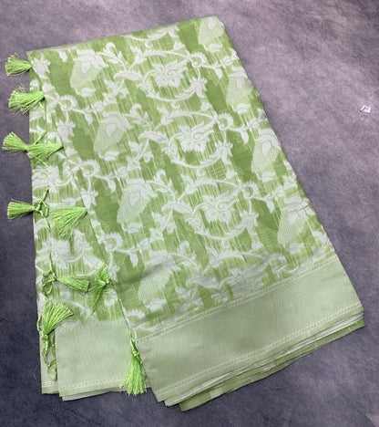 Banaras Katan Saree Light Green Colour with Katan Work Border