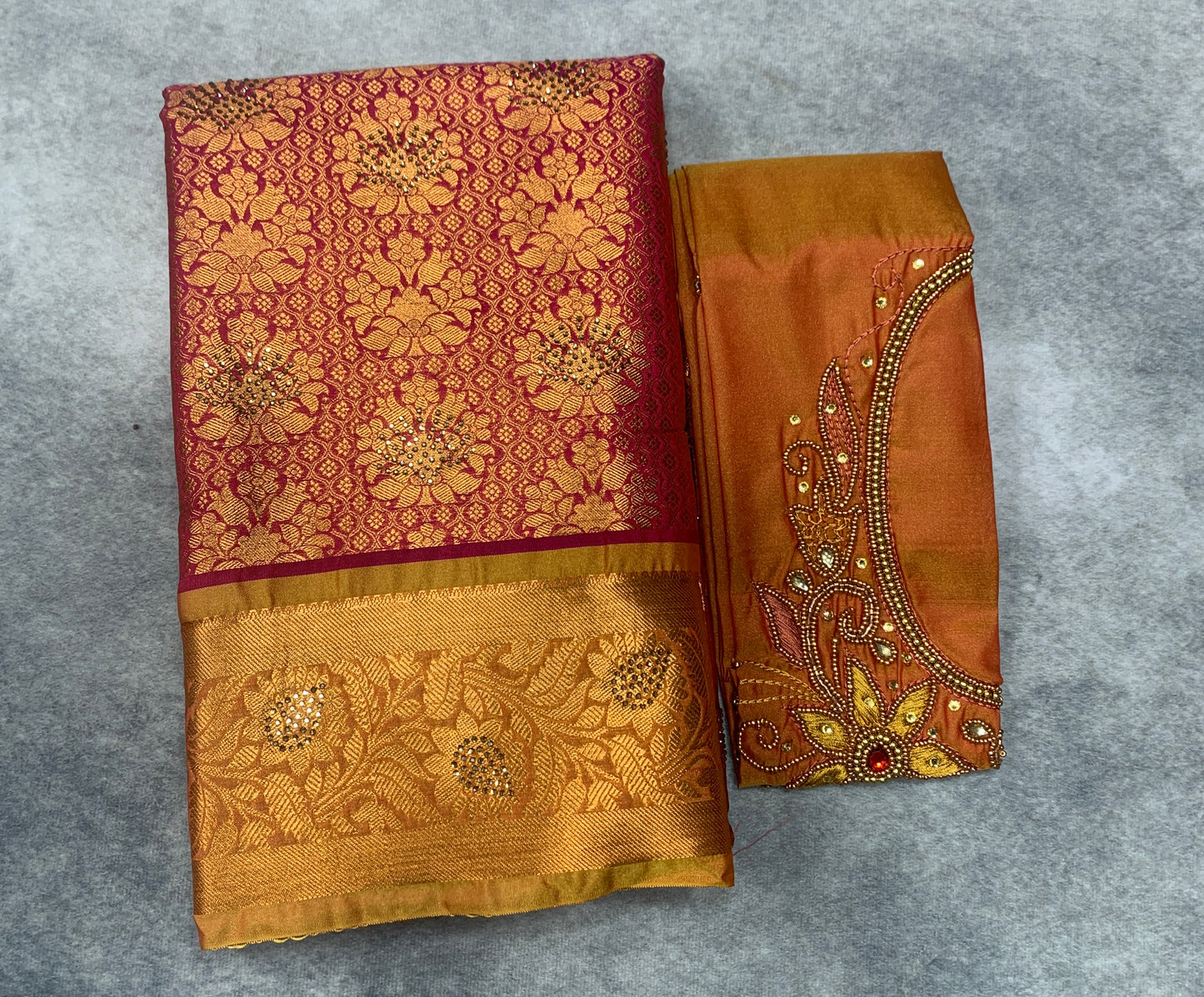 Bridal Vegan Silk Saree Pink shade with Golden Yellow Border with Unstitched blouse in Aari Work
