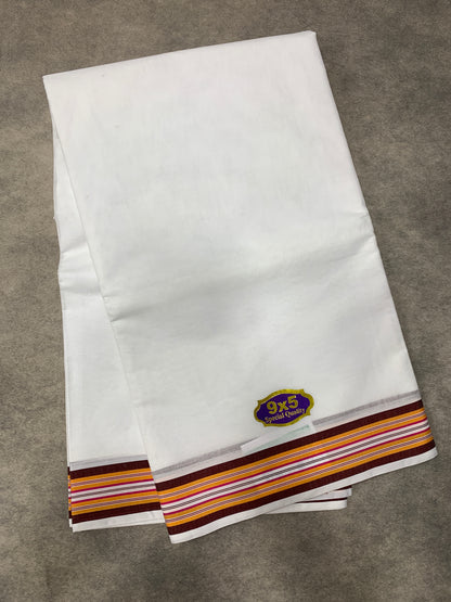 9X5 Cotton Dhoti White Colour with Brown and Red Border with Angavastarm
