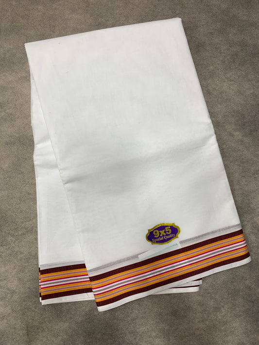 9X5 Cotton Dhoti White Colour with Brown and Red Border with Angavastarm