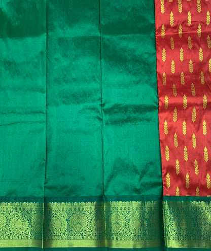 Red Shade Pure kanchipuram Kids Pattu Pavadai with Contrast Border for Newborn to 2 Years