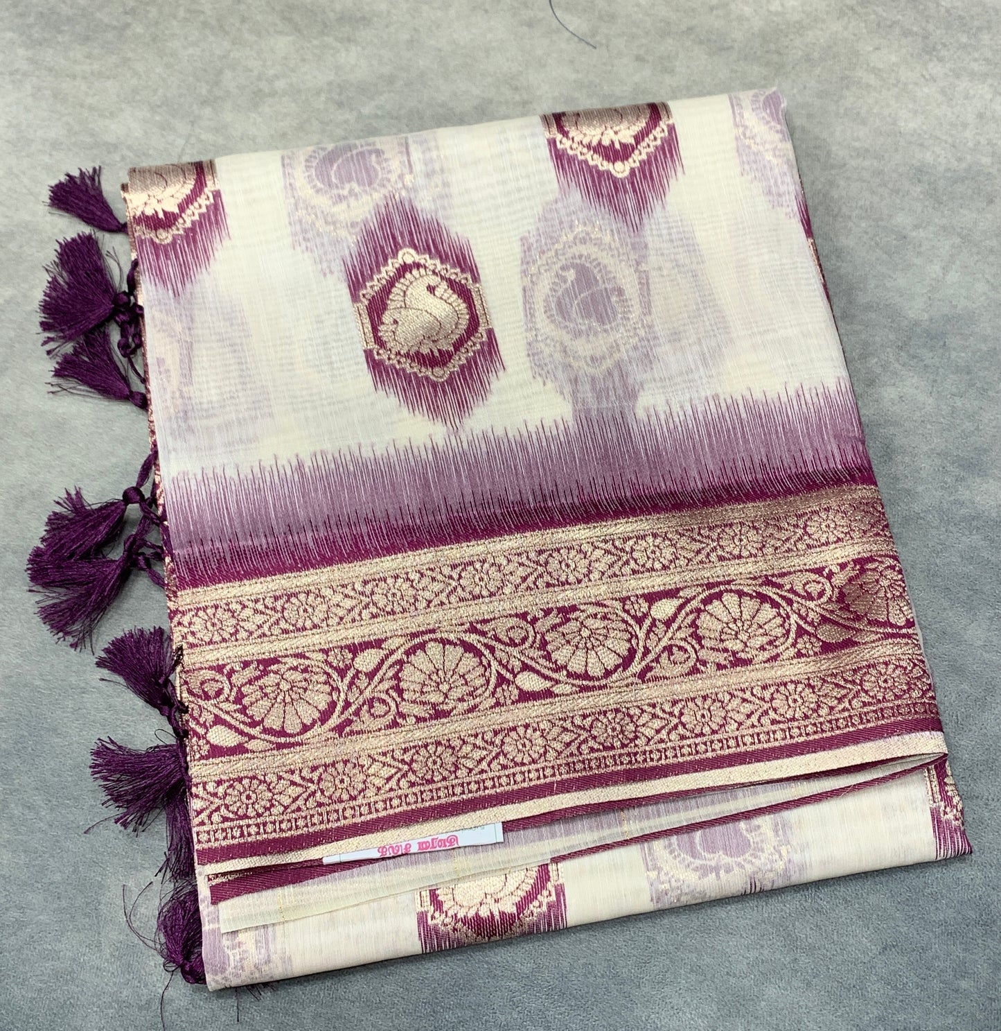Banaras Katan Saree Off White Colour with Beetroot Pink Katan Work Border