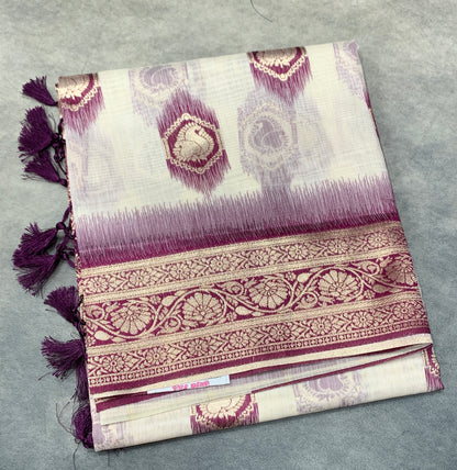 Banaras Katan Saree Off White Colour with Beetroot Pink Katan Work Border