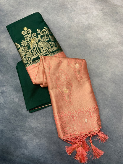Soft Silk Casual Saree Green Colour with Peach Colour Border