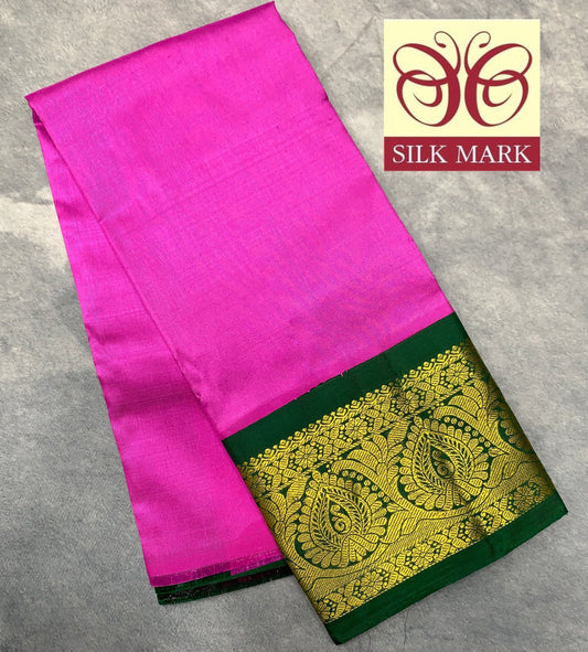 Pink shade Pure Kanchipuram Kids Pattu Pavadai with Contrast Border for Newborn to 2 Years
