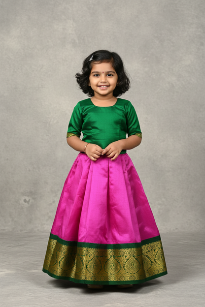 Pink shade Pure Kanchipuram Kids Pattu Pavadai with Contrast Border for Newborn to 2 Years