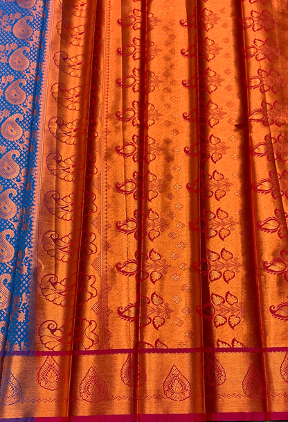Vegan Silk Saree Sky Blue Colour with Magenta and Copper Border