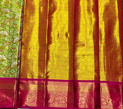 Golden Green Shade Vegan Silk Kids Pattu Pavadai with Contrast border for age 2 to 5