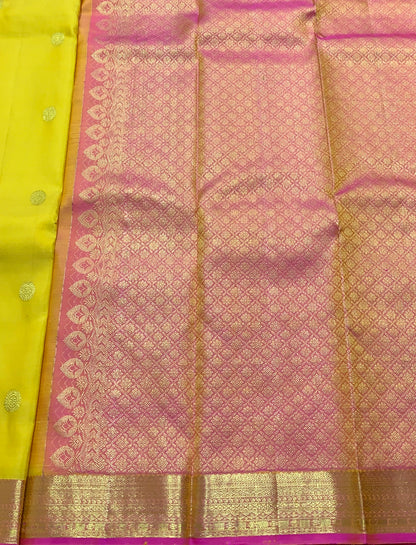 Pure Kanchipuram Silk Saree Yellow Colour with Golden Pink Border