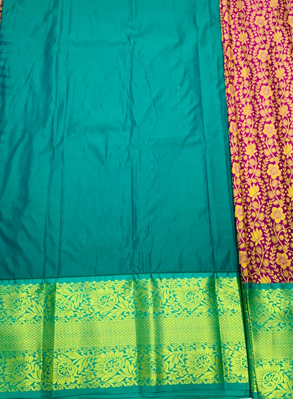 Magenta shade Vegan Silk Kids Pattu Pavadai with Contrast border for age above 10 years