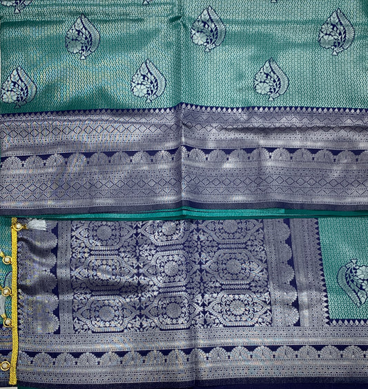 Art Silk Saree Peacock Green Colour with Blue Border