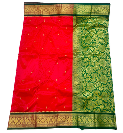 Red shade saree with Sliver and Dark Green Border