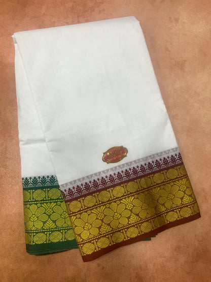9X5 Cotton Dhoti White with Brown and Green Ganga Jamuna Border