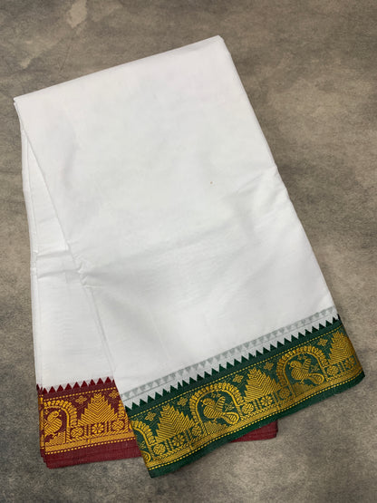 9X6 Cotton Dhoti White Colour with Green and Maroon Border with Angavastram