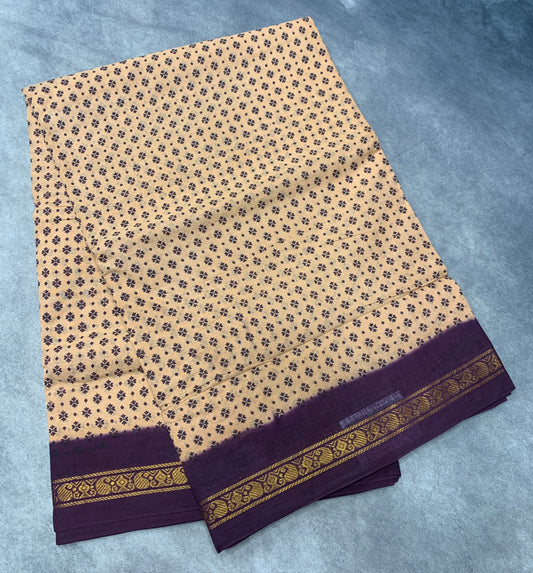 9 yards Cotton Saree Sandal Colour with Dark Purple Border