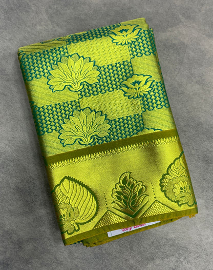 Vegan Silk Saree Parrot Green Colour Saree with Golden Zari Border