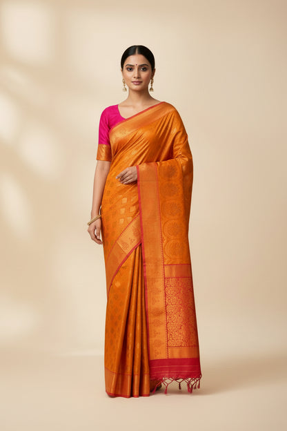 Vegan Silk Saree Golden Yellow Colour with Pink and Copper Border