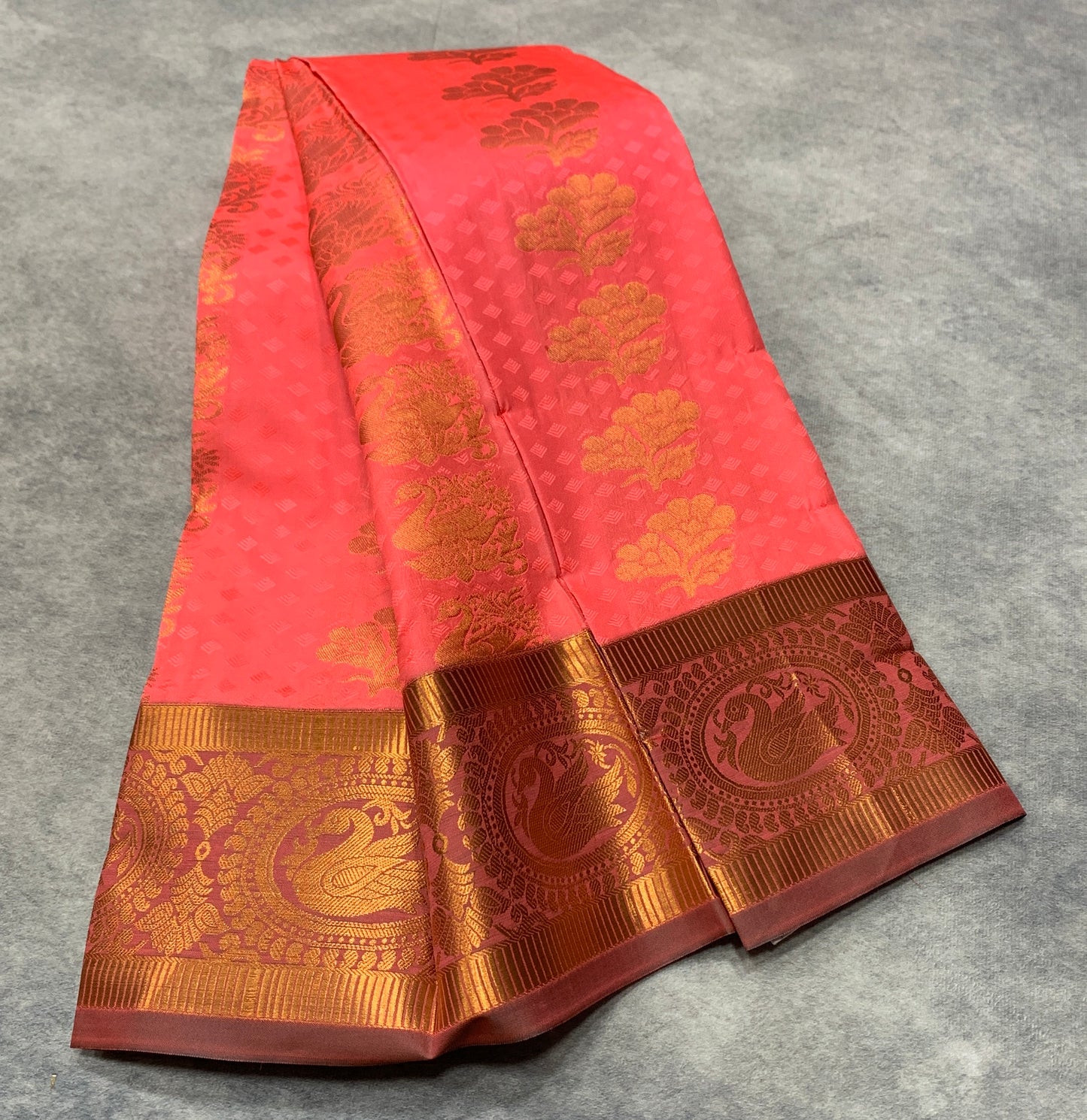 Vegan Silk Saree Peach Pink Colour with Onion Pink and Copper Border