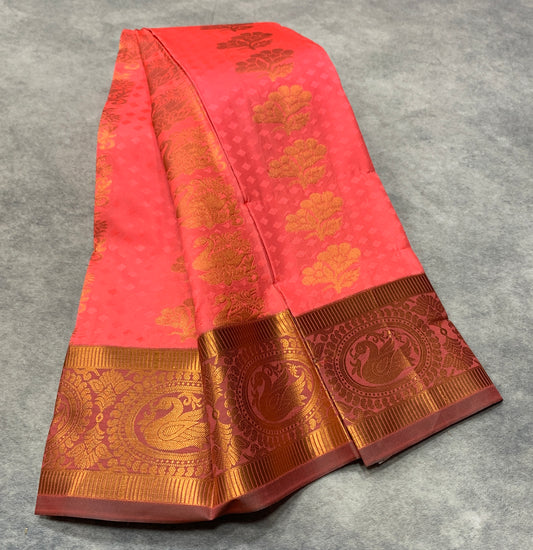 Vegan Silk Saree Peach Pink Colour with Onion Pink and Copper Border