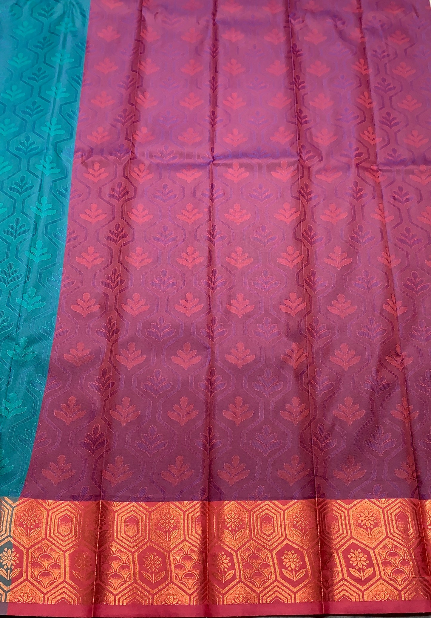 Synthetic Cotton Saree Rama Green Shade with Copper Border