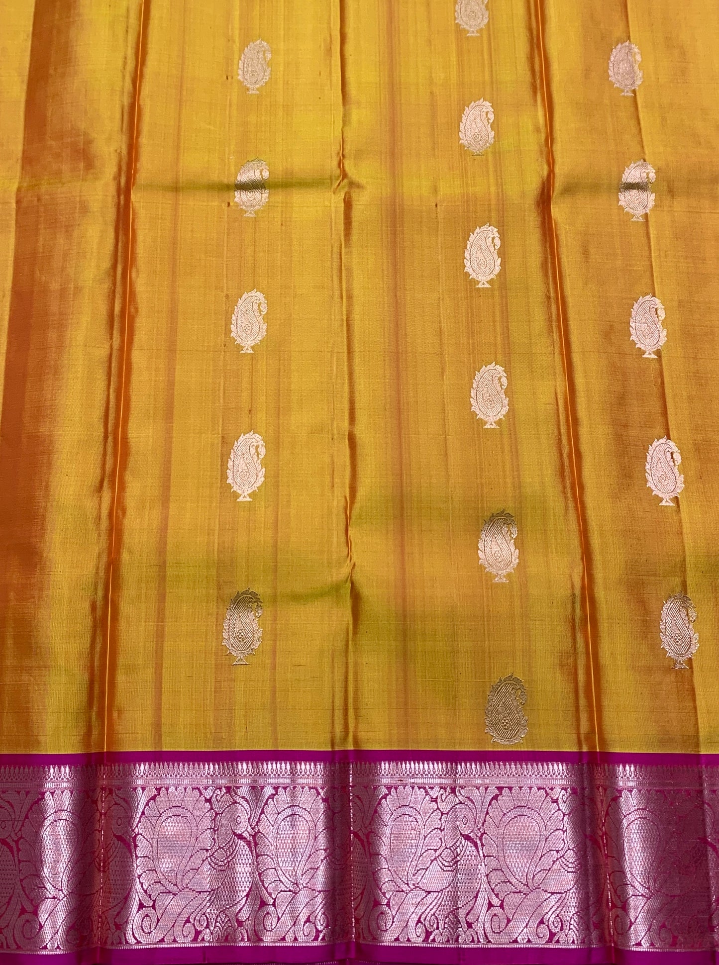 Pure Kanchipuram Silk Saree Mango Yellow Colour with Pink Border