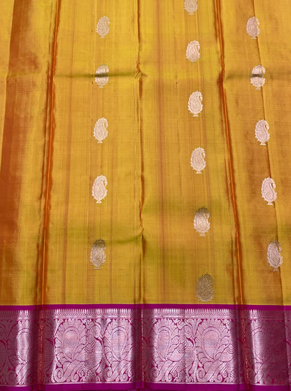 Pure Kanchipuram Silk Saree Mango Yellow Colour with Pink Border