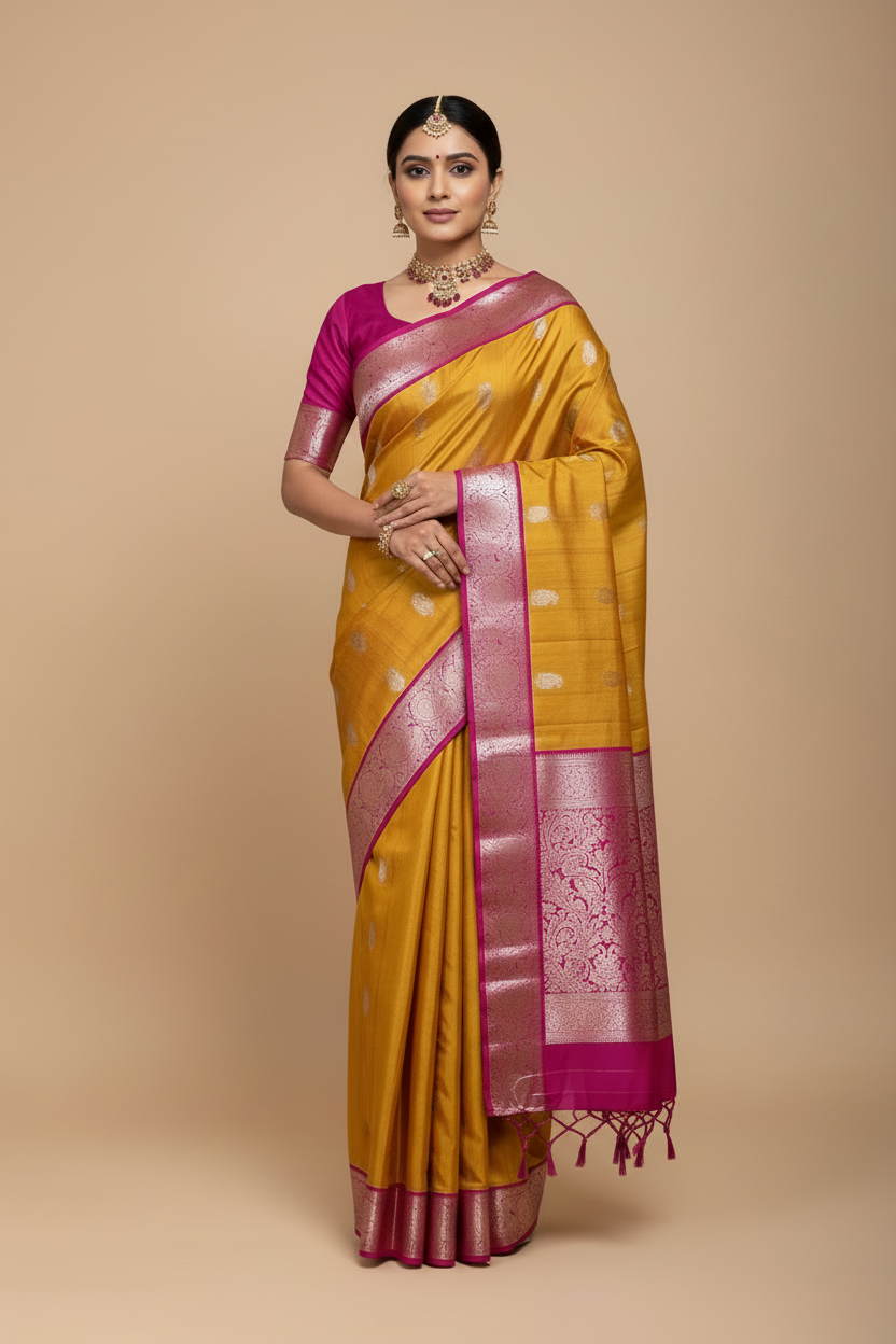 Pure Kanchipuram Silk Saree Mango Yellow Colour with Pink Border