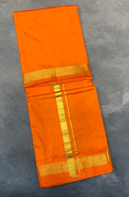 9X5 Pure Silk Dhoti Orange Colour with Small Golden Zari Border
