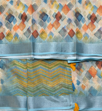 Jute Cotton Saree Sky Blue Shade with Thread Border