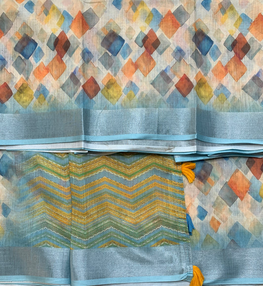 Jute Cotton Saree Sky Blue Shade with Thread Border