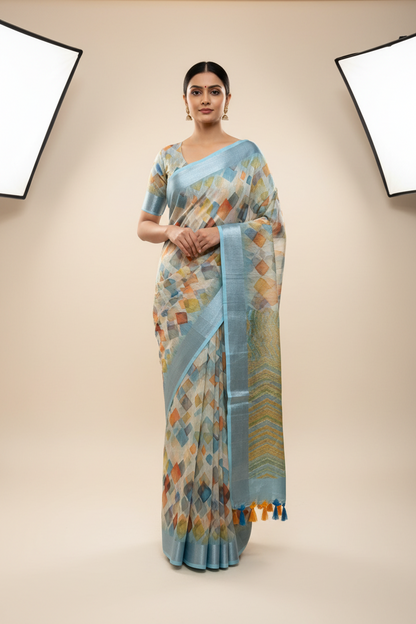 Jute Cotton Saree Sky Blue Shade with Thread Border