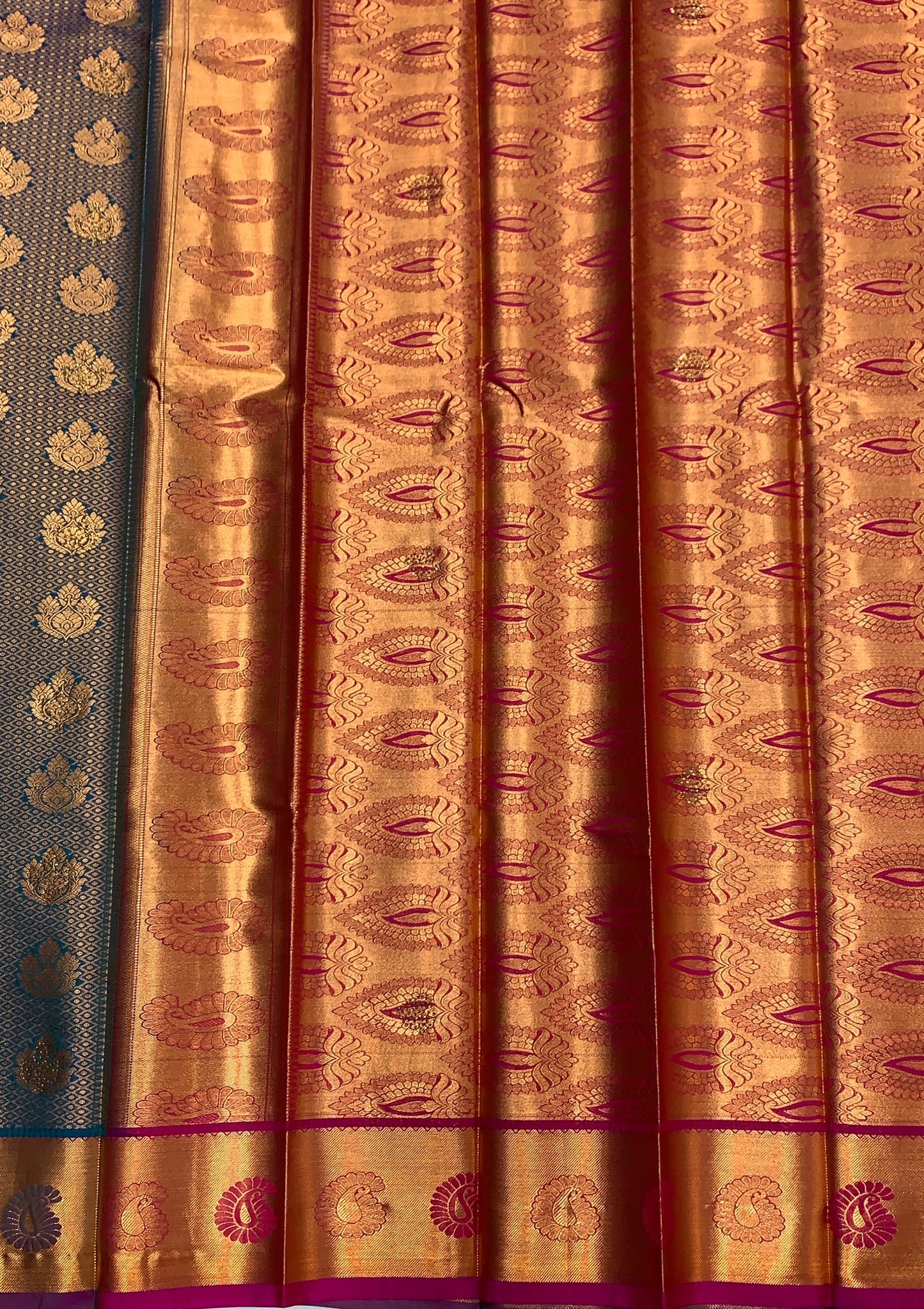 Vegan Silk Saree Aqua Blue Colour with Copper and Magenta Border